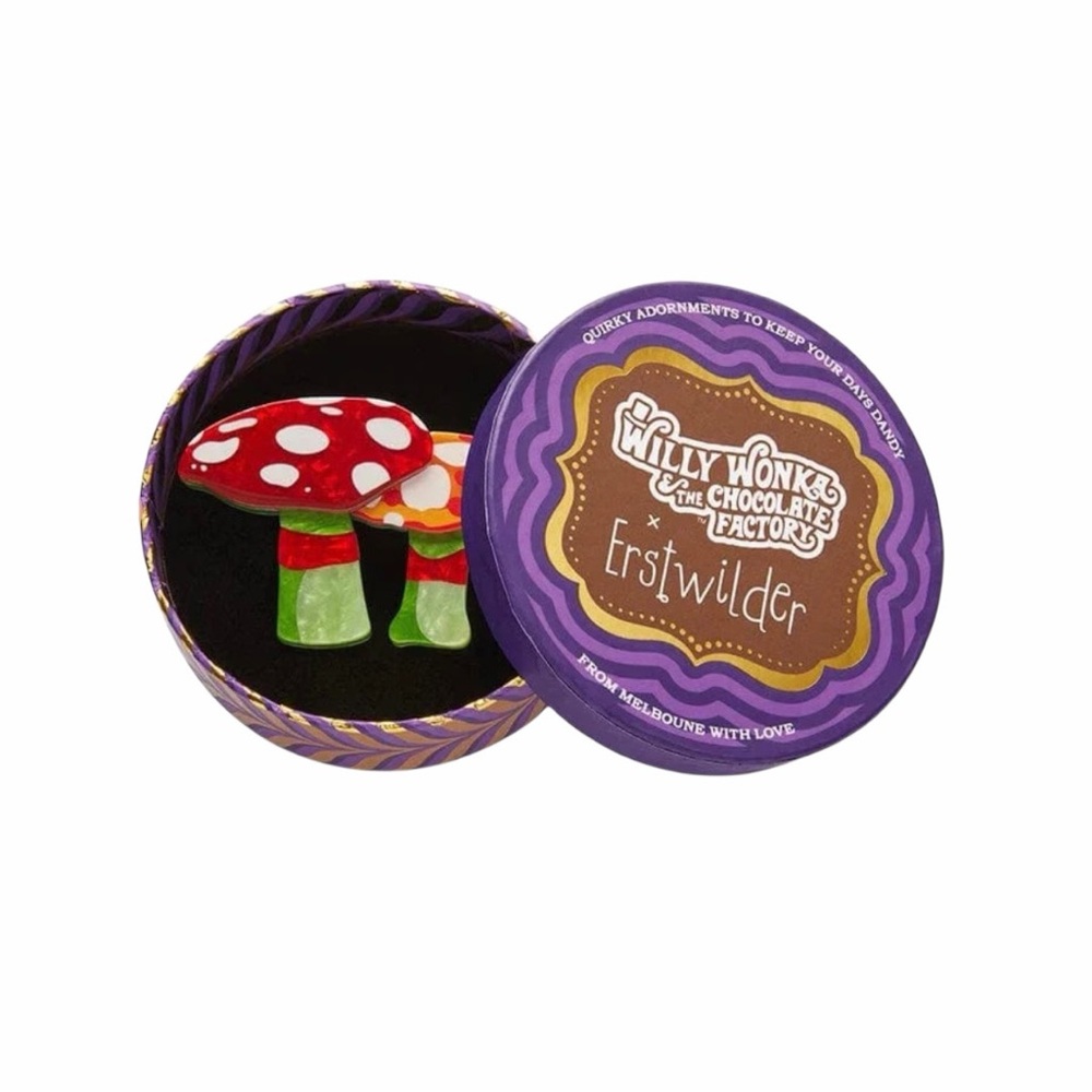 Erstwilder x Willy Wonka Mushroom Brooch Red Green Pinup Retro